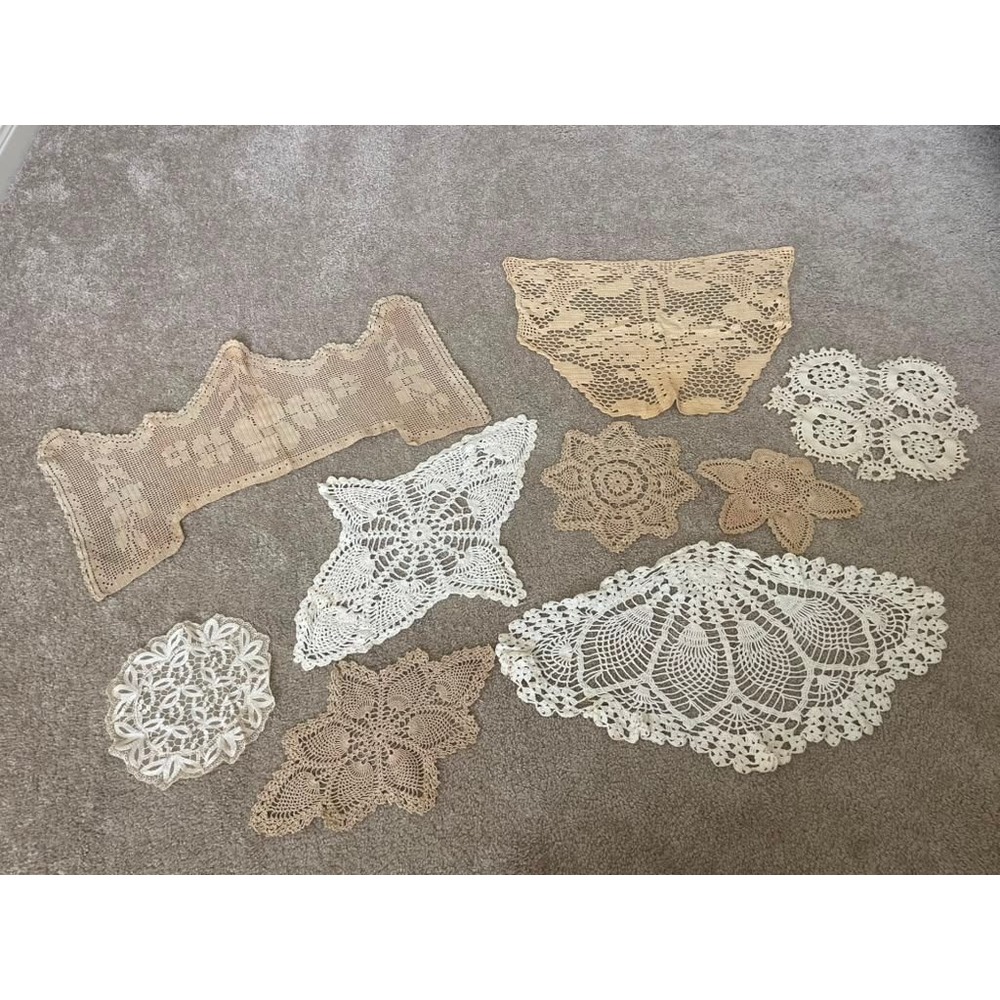 Vintage Hand Crocheted Lace Doily Lot 9pc Cream Beige Floral Pineapple Mixed Set